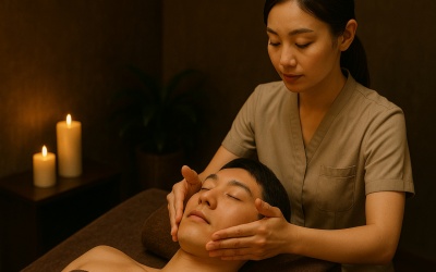 近江八幡市で身体の疲労改善するオイルマッサージならbody care salon eteで施術を受けている男性